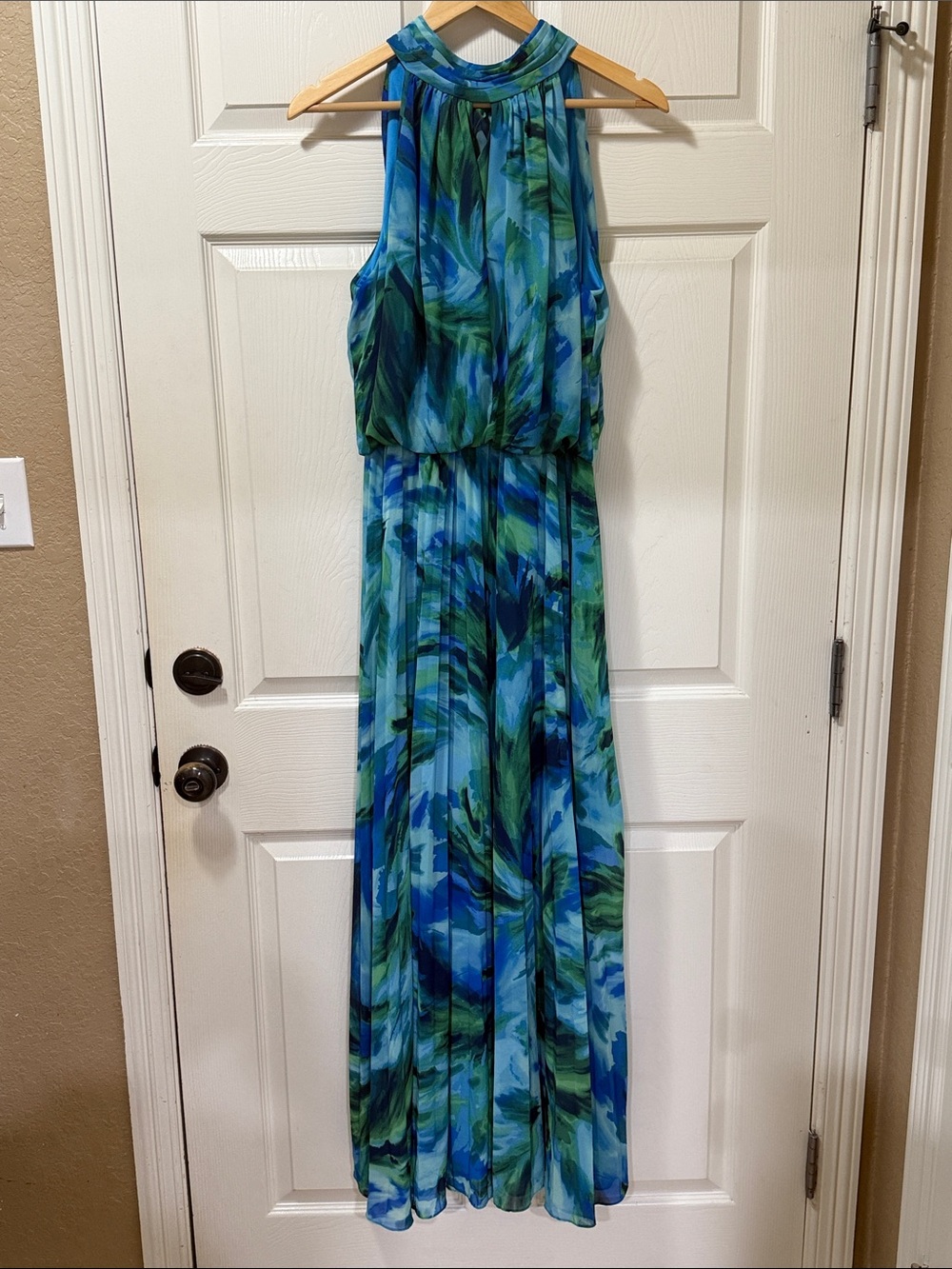 Xscape Blue and Green Halter Maxi Dress